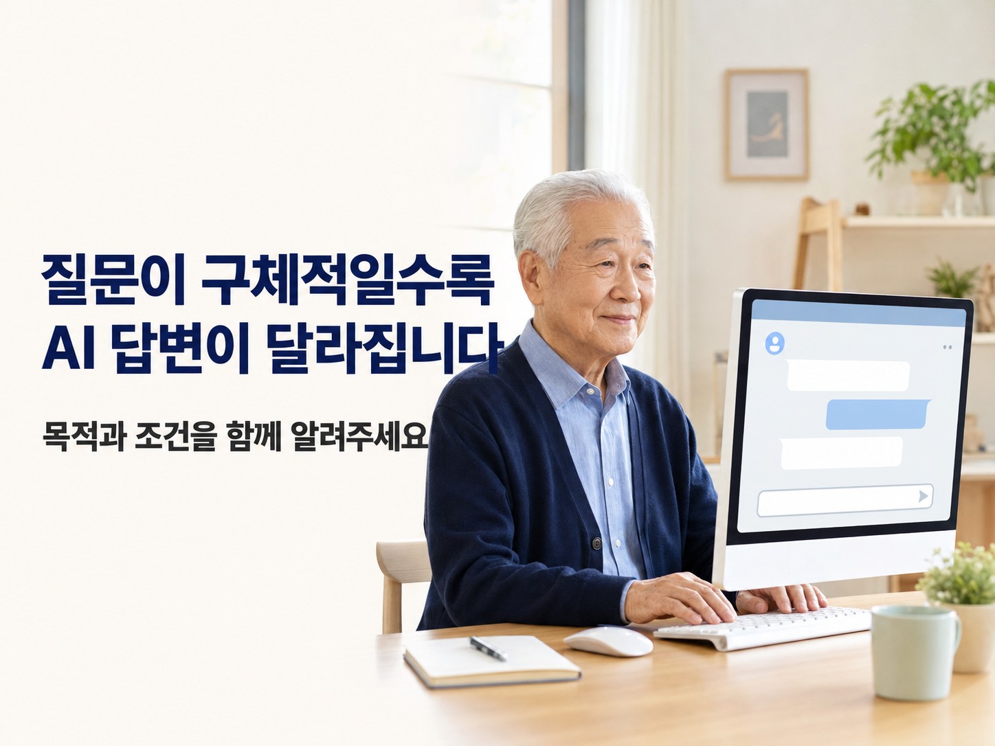 80대 시니어가 컴퓨터로 챗GPT를 사용하며 목적과 조건을 포함한 생성형 AI 프롬프트 작성법을 배우는 모습입니다.