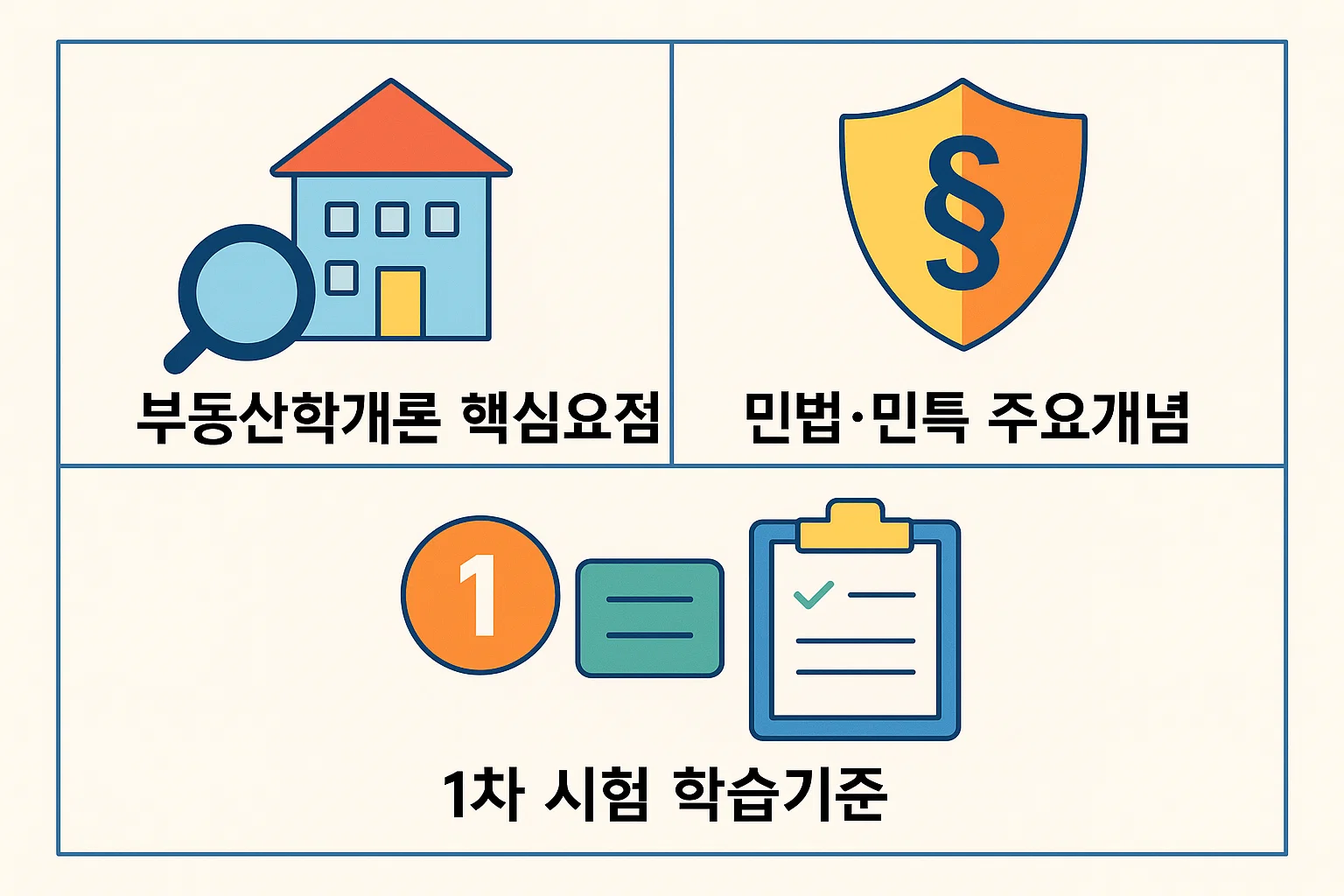 부동산학개론 핵심요점과 민법·민특 주요개념, 2025년 공인중개사 1차 시험 학습기준을 시각적으로 정리한 가이드형 인포그래픽