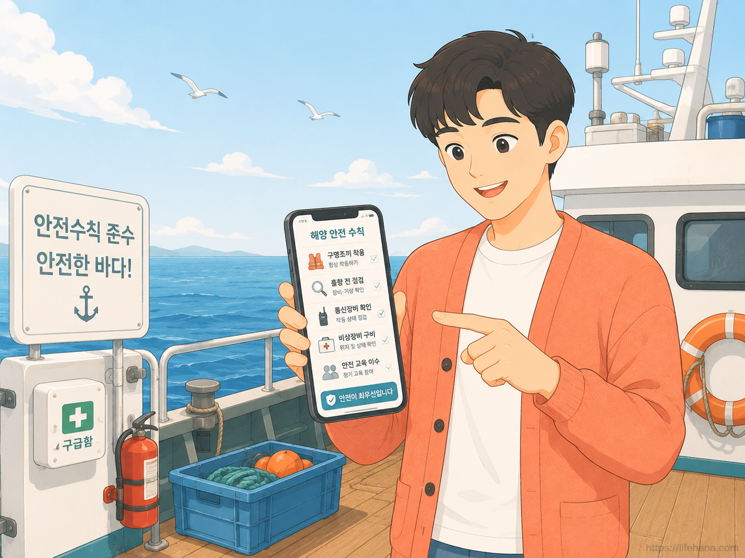 푸른 바다 위 어선 갑판에서 코랄 가디건을 입은 청년이 규격에 맞는 구명조끼를 착용하고 스마트폰으로 해경의 안전 단속 지침 서식을 스크리닝하는 일상 일러스트