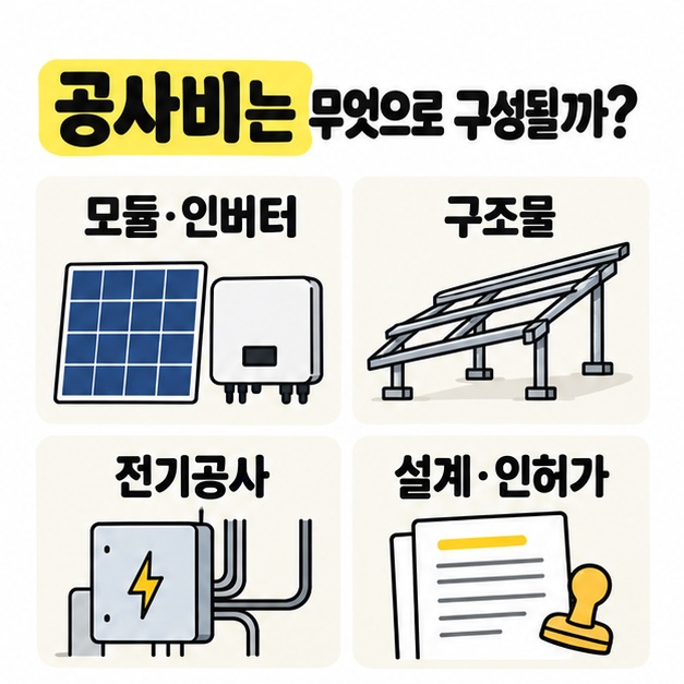 100kW 태양광 공사비를 모듈 인버터 구조물 전기공사 항목으로 나눠 보여주는 카드