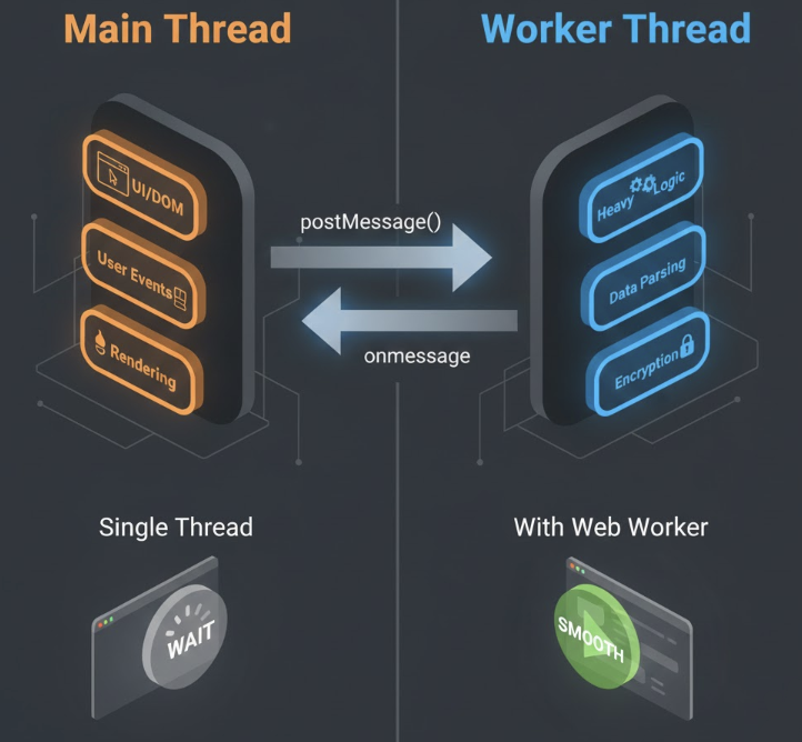 자바스크립트의 싱글 스레드 제약을 극복하기 위해 UI를 담당하는 메인 스레드와 무거운 연산을 처리하는 웹 워커(Web Worker) 백그라운드 스레드 간의 독립적인 작동 방식 및 postMessage를 통한 통신 구조를 설명하는 기술 인포그래픽 이미지.