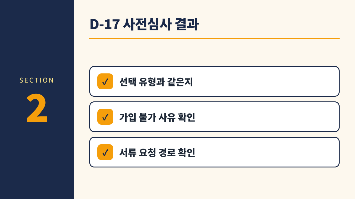 청년미래적금 계좌개설 D-day 2. D-17 사전심사 결과 - 선택 유형과 같은지, 가입 불가 사유 확인, 서류 요청 경로 확인
