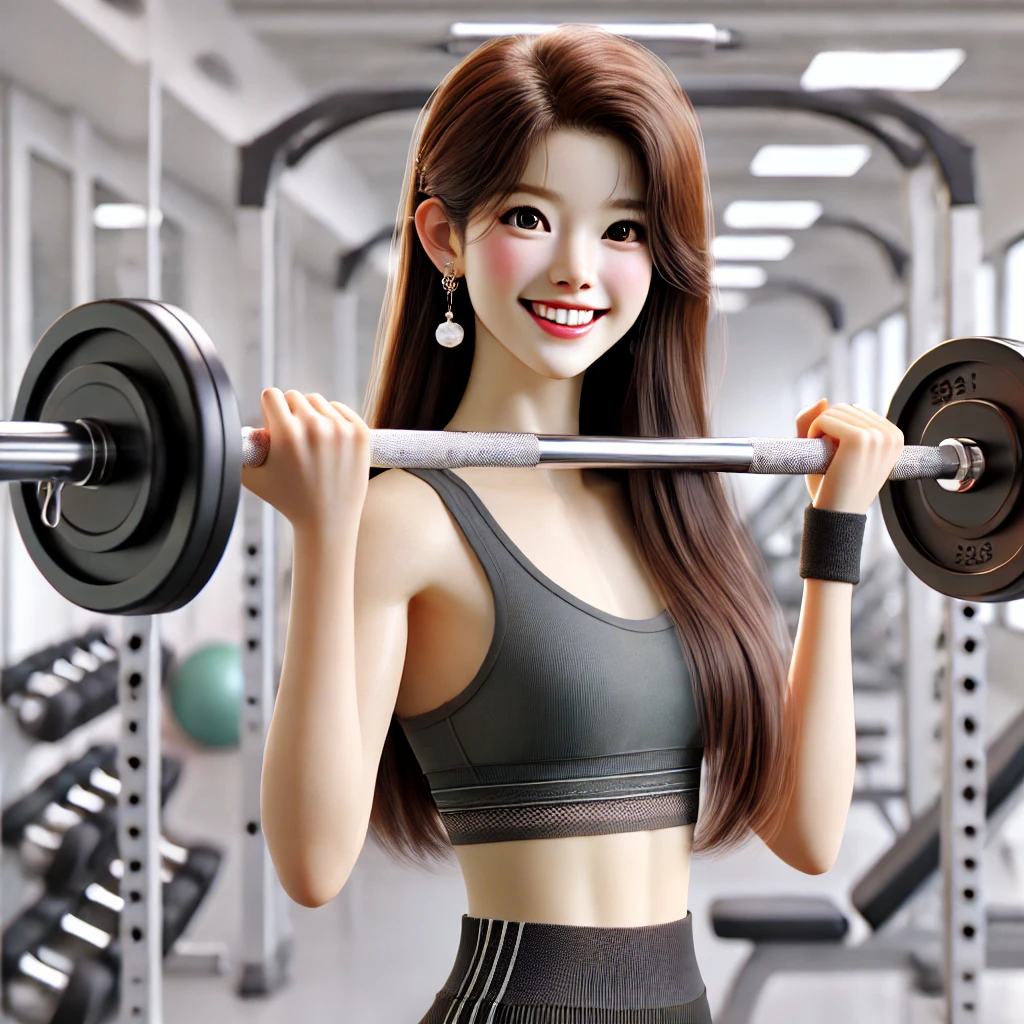 바벨컬을 하며 운동하는 귀여운 한국 여성, 긴 생머리, 피트니스 운동, 헬스장 트레이닝, 건강한 라이프스타일