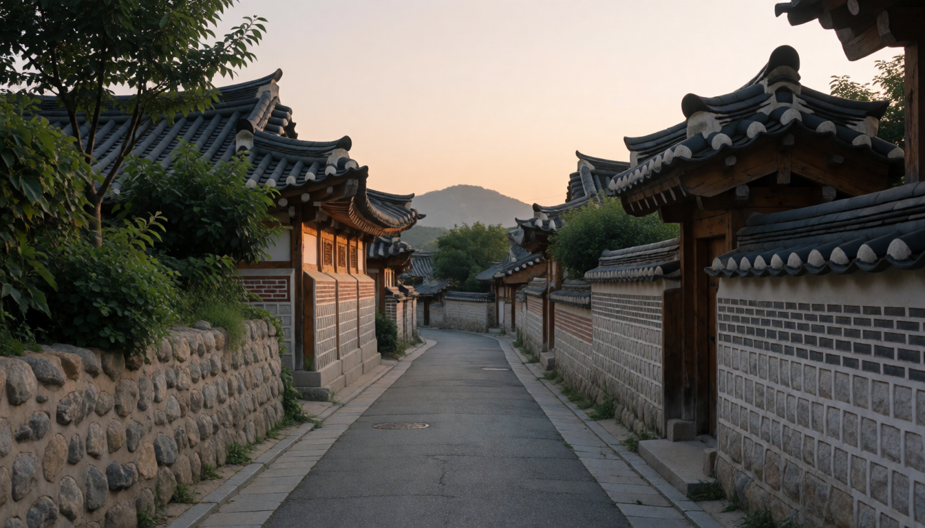노을 아래 돌담과 기와지붕이 이어지는 전통 마을 골목