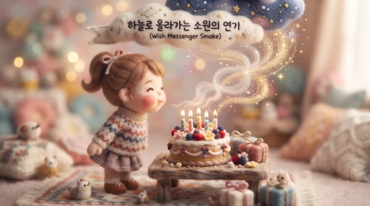 아이가 양초를 후후 불어 끄며 피어오르는 하얀 연기가 하늘로 올라가는 마법 같은 순간을 니들 펠트 양모 스타일로 표현한 dreamy 인형 일러스트레이션. 한글로 '하늘로 올라가는 소원의 연기 (Wish Messenger Smoke)'라고 적힌 양모 구름 배너가 있음