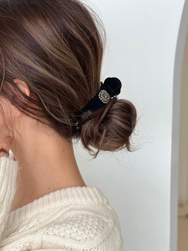 큐빅 진주 로우번 벨벳 헤어 집게핀 포니테일 머리핀 삔