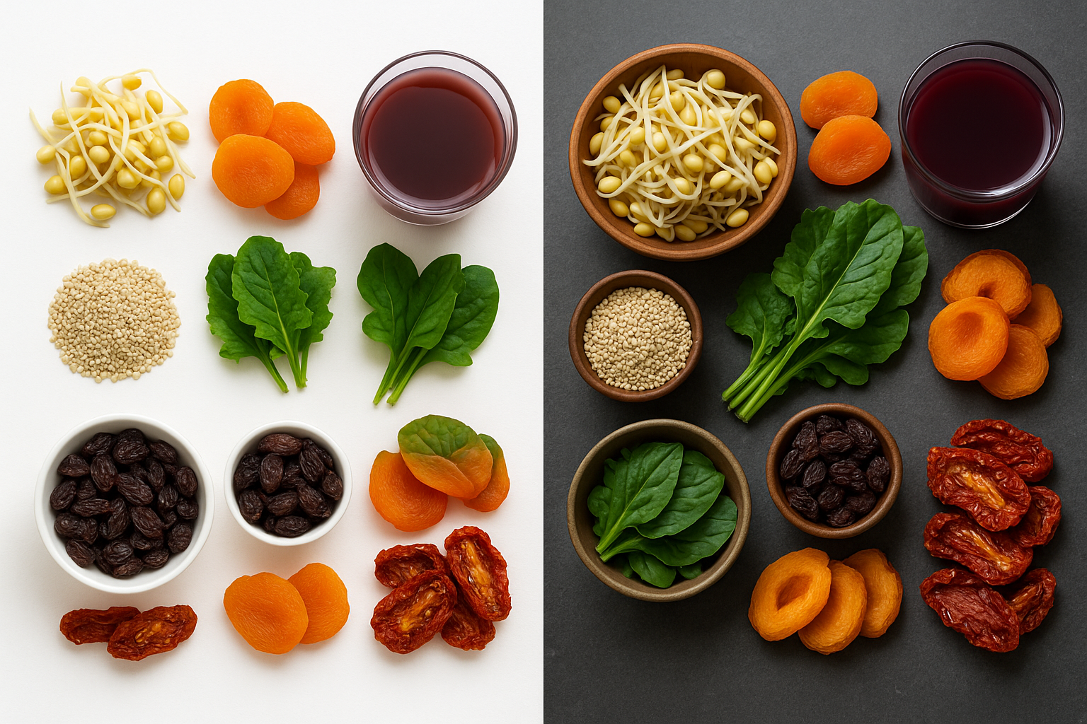 콩나물
말린 살구
녹색 잎이 많은 채소
자두 즙 주스
참깨
건포도
말린 복숭아
말린 토마토