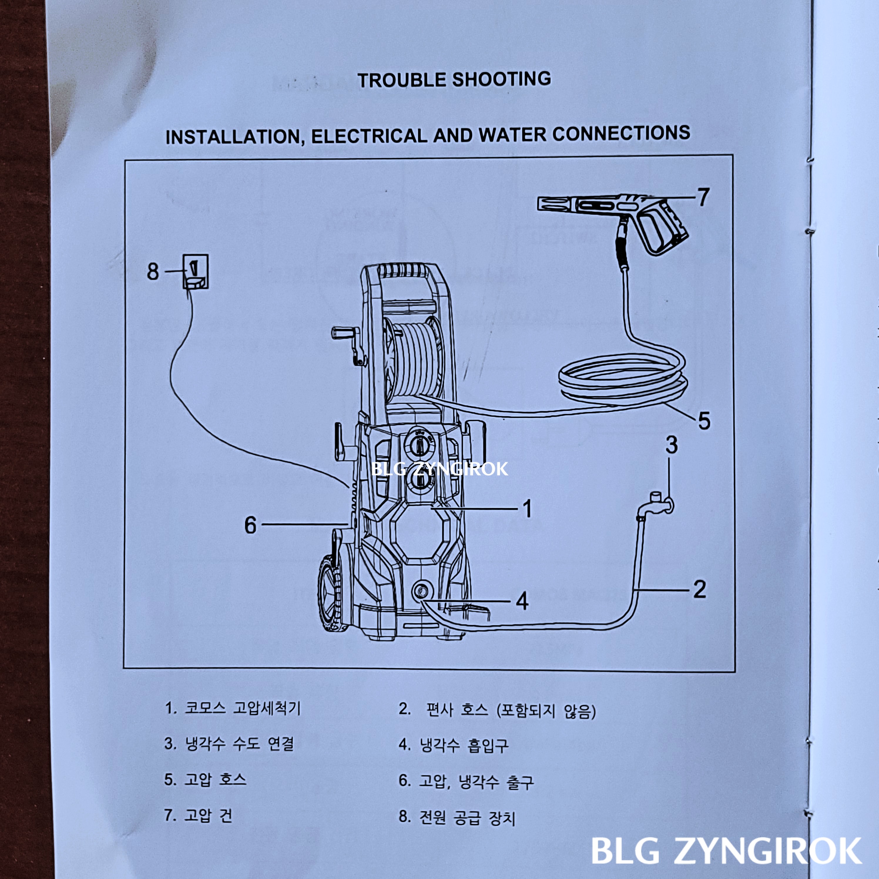 코모스 고압세척기 사용 설명 모습이다.