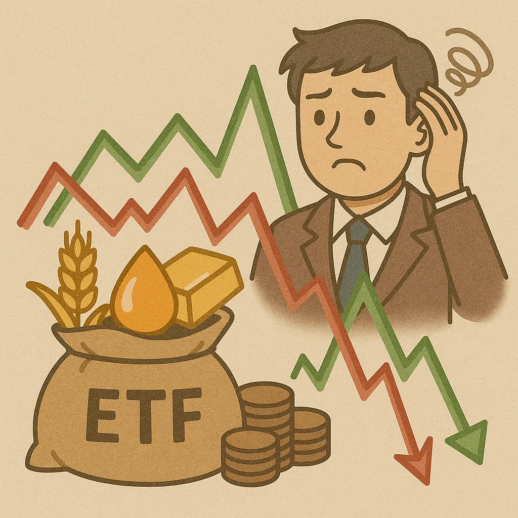금-석유-곡물-등-원자재가-담긴-ETF-자루와-급등락하는-그래프를-걱정스럽게-바라보는-투자자