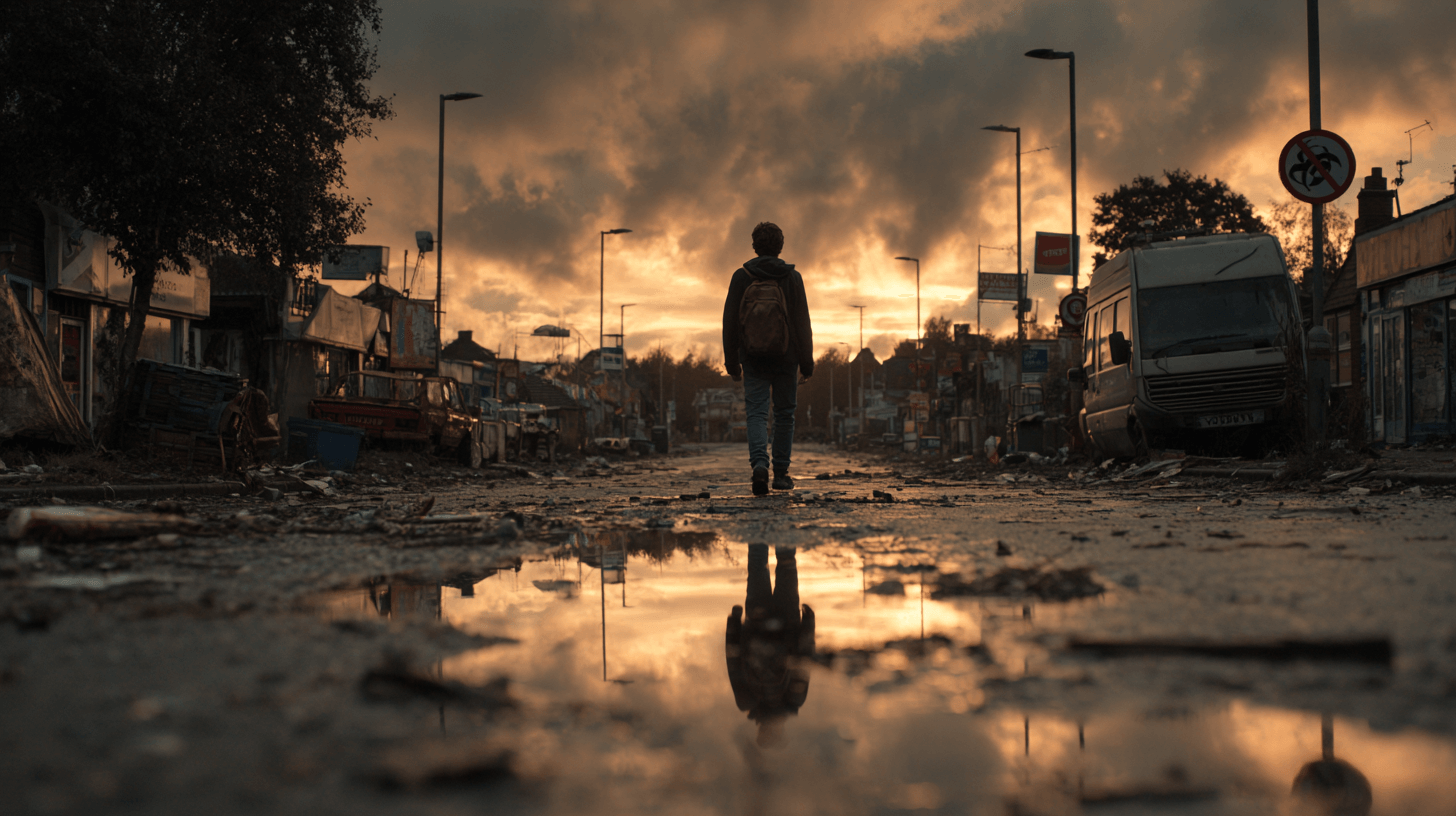 황폐해진-도시를-걷고-있는-사람의-뒷모습