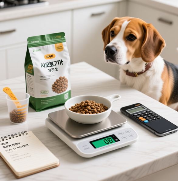 강아지 사료를 정확히 계량하는 모습