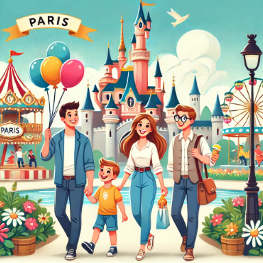 파리에서 테마파크 간 4인 가족 모습