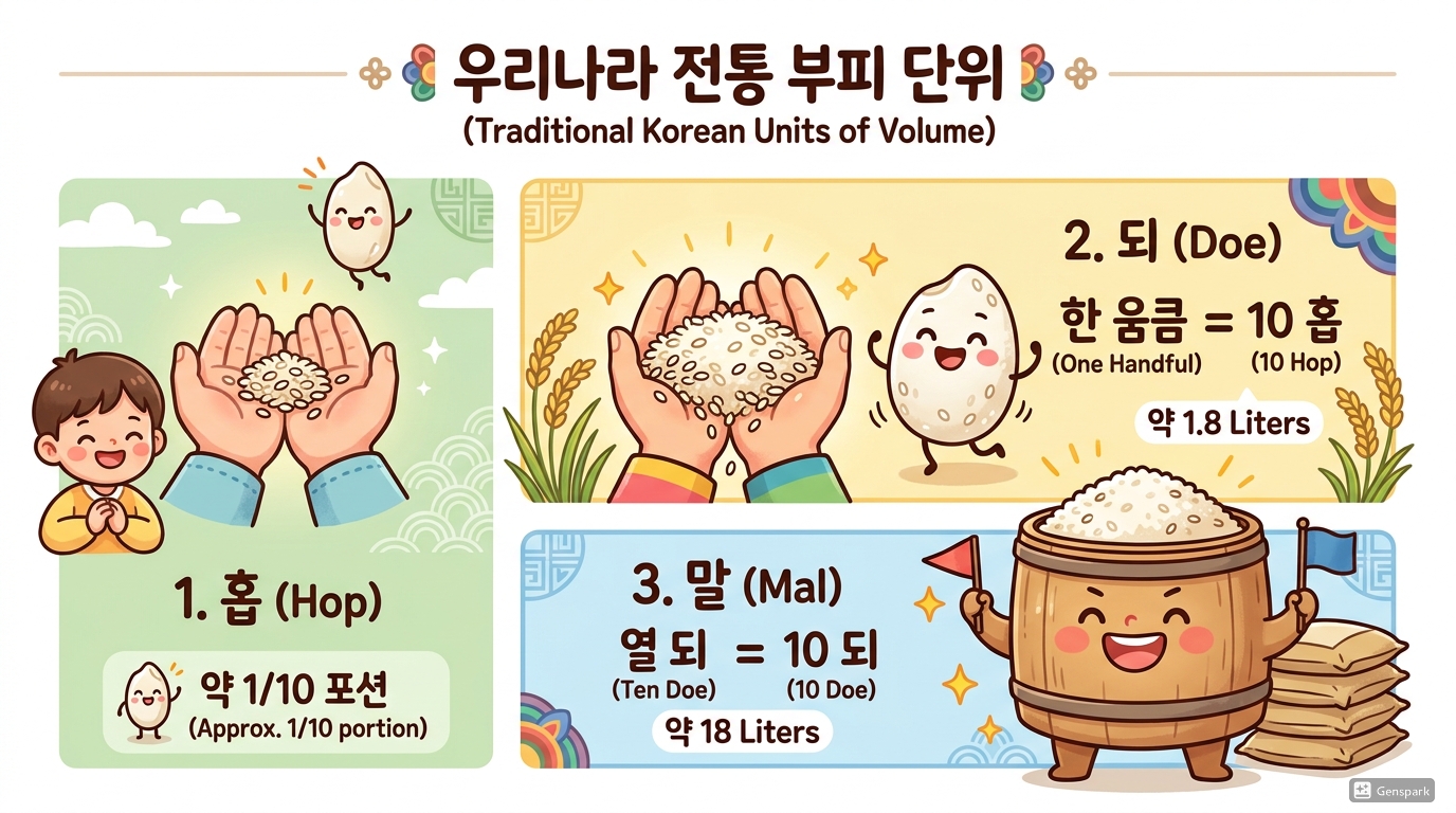 나눔과 상거래의 핵심: 부피 단위 (홉, 되, 말)