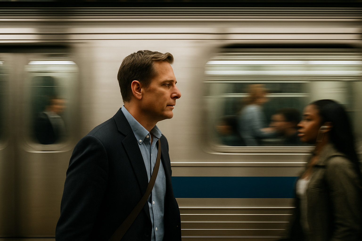 빠르게 지나가는 지하철과 출근하는 남성 직장인 모습