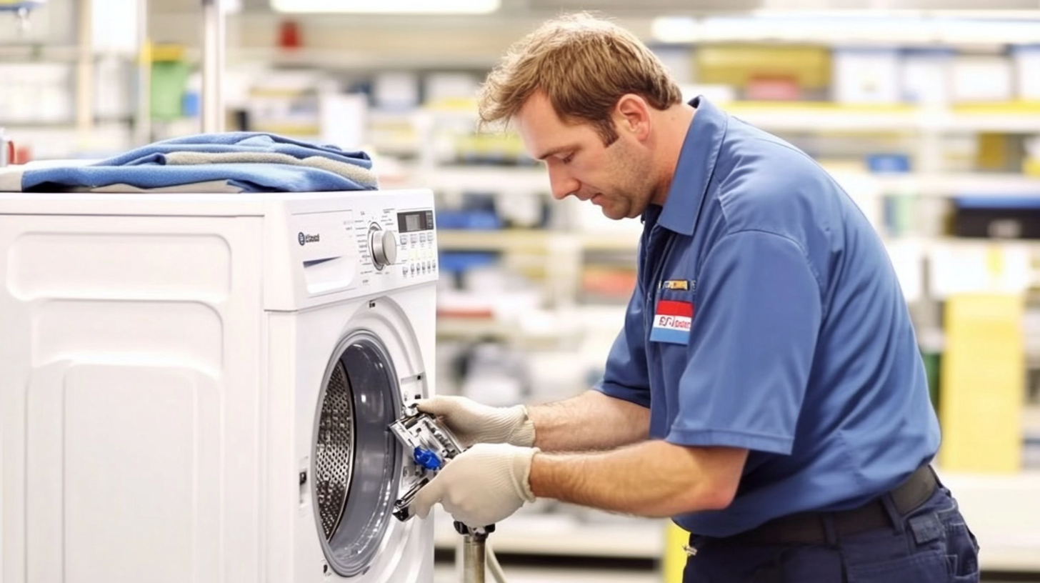 세탁기의 유지보수를 수행 중인 서비스 기술자, 깨끗한 환경에서 전문성과 세심함을 보여주는 장면.