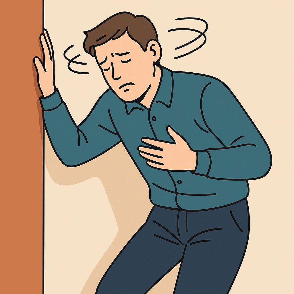 실신 전 조짐을 느끼며 벽에 기대는 사람