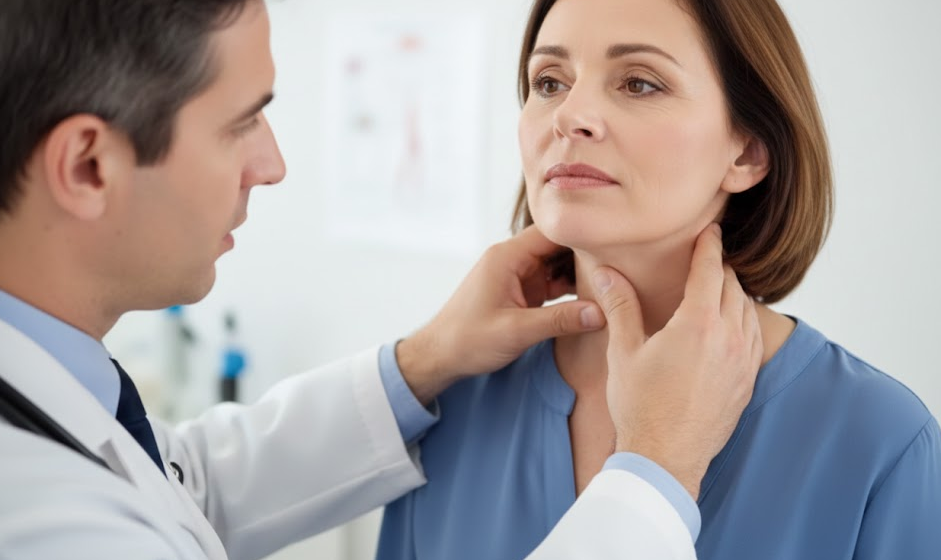 갑상선호르몬 수치 검사를 위해 병원에서 진료를 받고 있는 여성