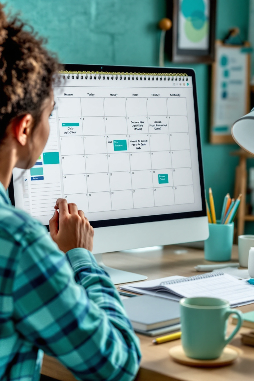 학생이 달력을 보면서 시험일정을 확인하고 있는 이미지