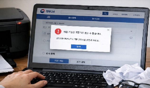 정부24 사이트에서 서류를 출력하려 할 때 화면에 뜬 '사용 가능한 프린터가 없습니다' 오류 팝업창과 이를 해결하려는 사용자의 손
