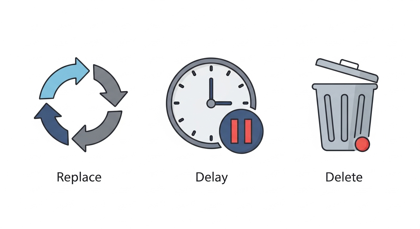 대체, 지연, 삭제를 상징하는 3가지 아이콘