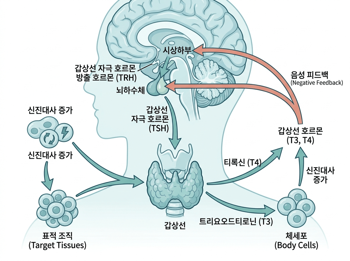갑상선 호르몬 분비 메커니즘과 TSH 피드백 루프를 간결하게 표현한 일러스트