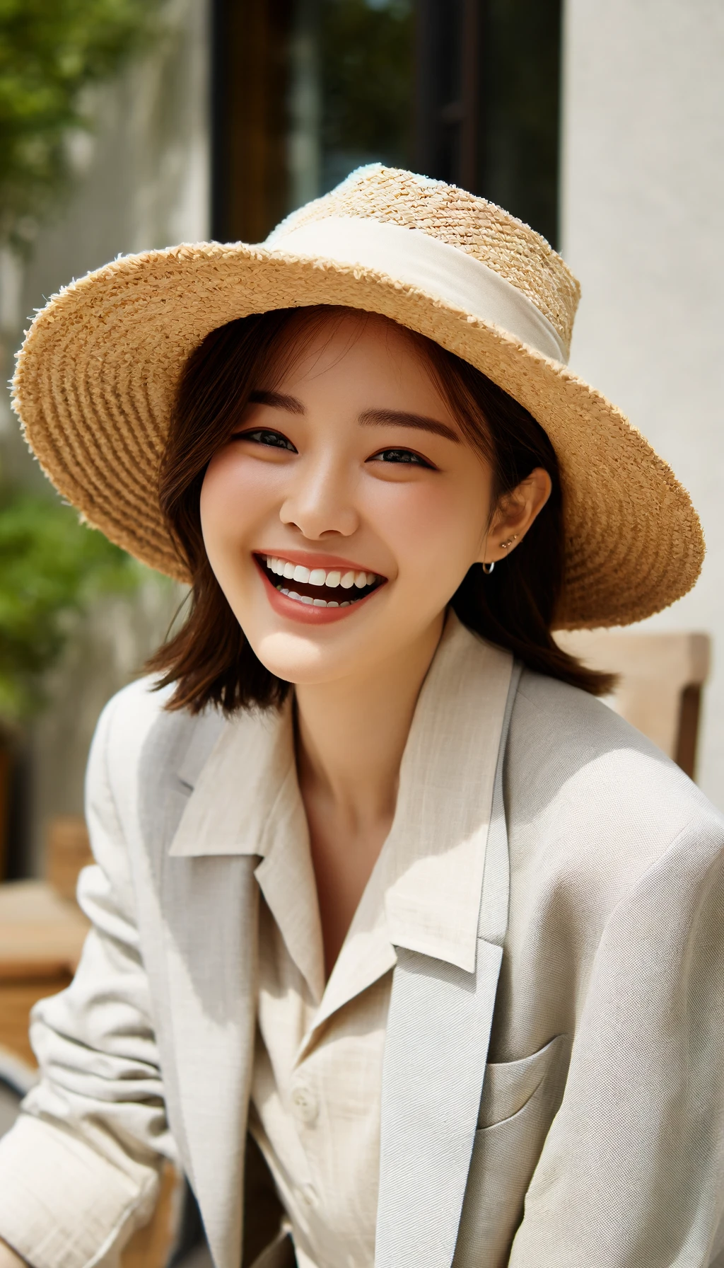 가벼운 여름 정장과 함께 스트로 햇을 착용한 여성