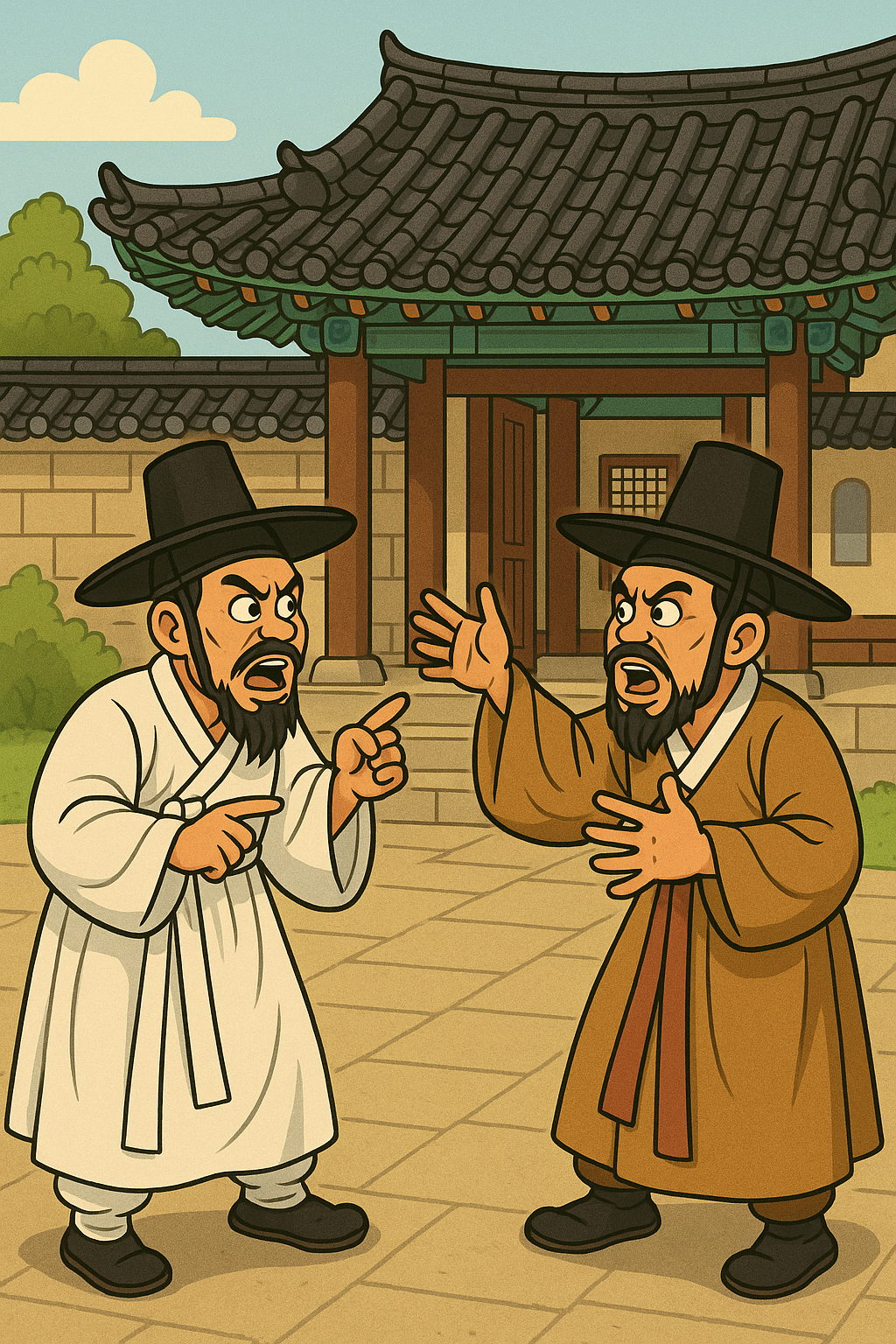 조선시대 갓을 쓴 두 사람이 말다툼을 하고 있는 이미지