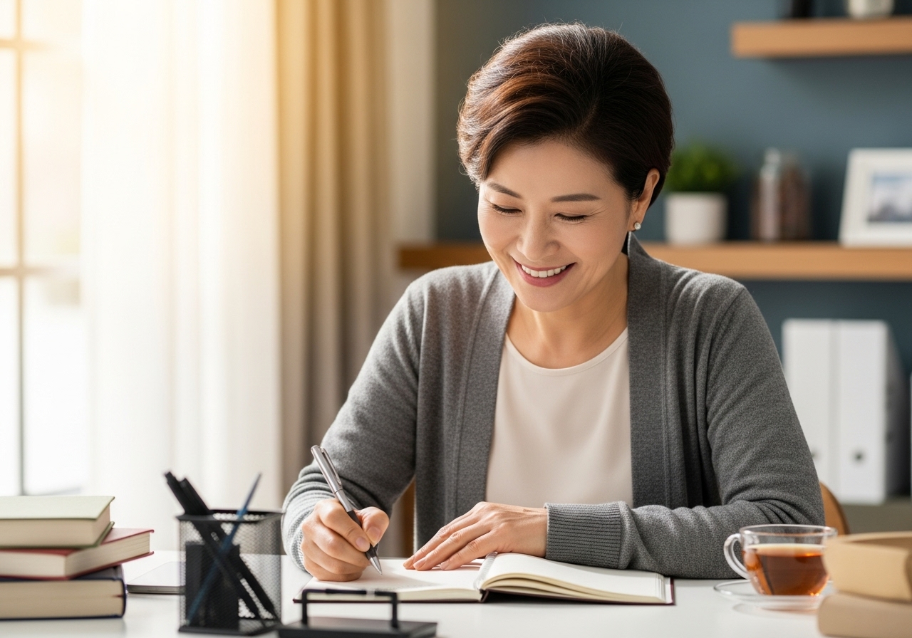 Korean woman in her 50s smiling while writing