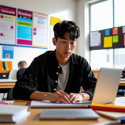 남자 고등학생이 웹사이트에서 개인별 교육과정을 편성하고 있다.