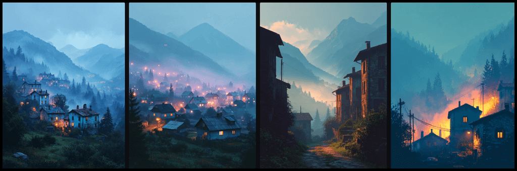 조합 흐름,프롬프트 구조로 생성한 풍경 이미지_Midjourney