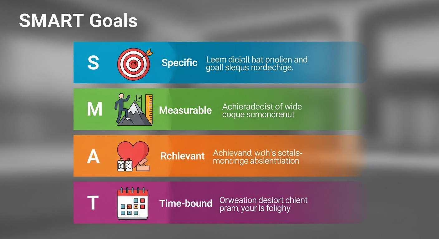 SMART 원칙의 5가지 요소인 구체성, 측정 가능성, 달성 가능성, 관련성, 시간제한을 아이콘과 함께 설명하는 인포그래픽