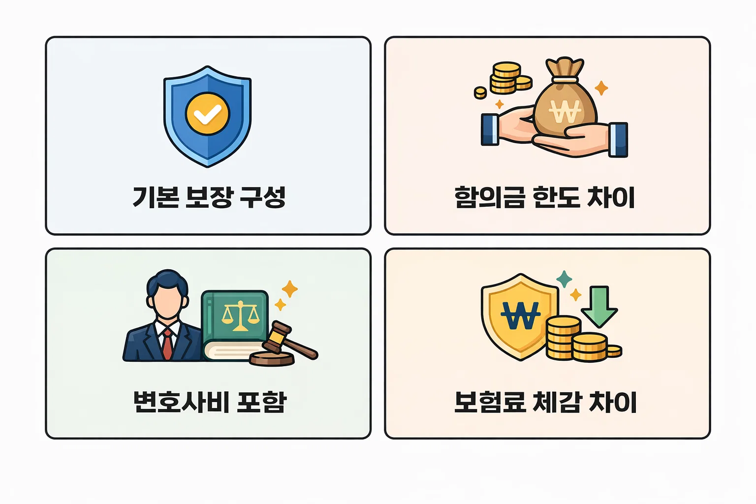 운전자보험 가격이 보장 구성에 따라 어떻게 달라지는지 합의금 한도와 변호사비 포함 여부별 차이를 설명한 이미지