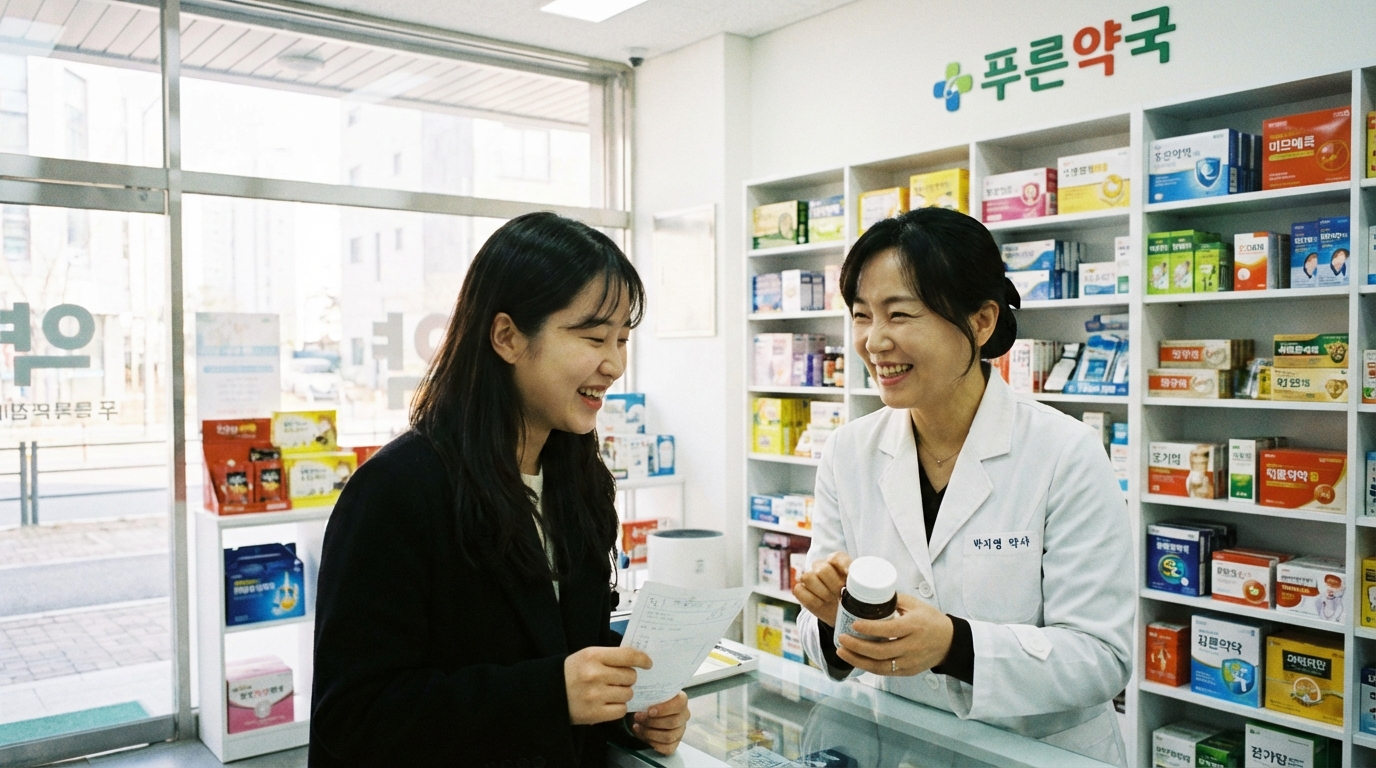 한국 약국에서 약사가 환자에게 졸음이 적은 약에 대해 친절하게 설명하는 모습