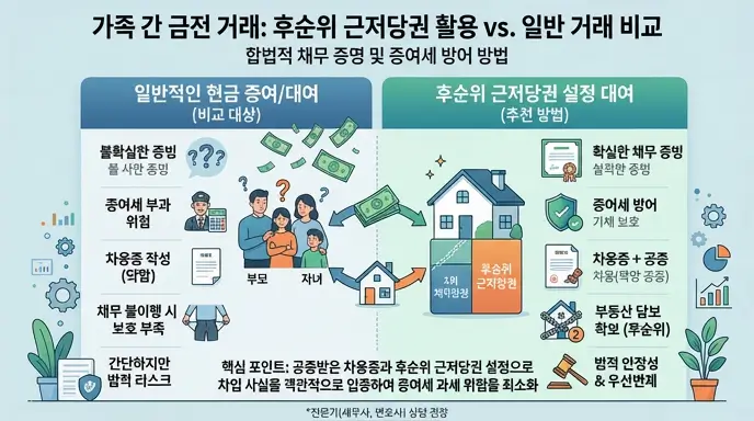 가족 간 금전 거래 시 후순위 근저당권을 설정하여 합법적으로 채무를 증명하고 증여세를 방어하는 방법 비교