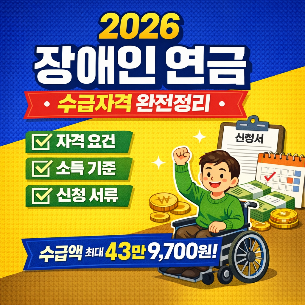 <img src="이미지파일주소.jpg" alt="2026 장애인 연금 수급자격 완전정리 안내 이미지, 자격요건, 소득기준, 신청서류 체크리스트, 최대 수급액 43만 9,700원 표시, 휠체어를 탄 남성이 기뻐하는 일러스트">
