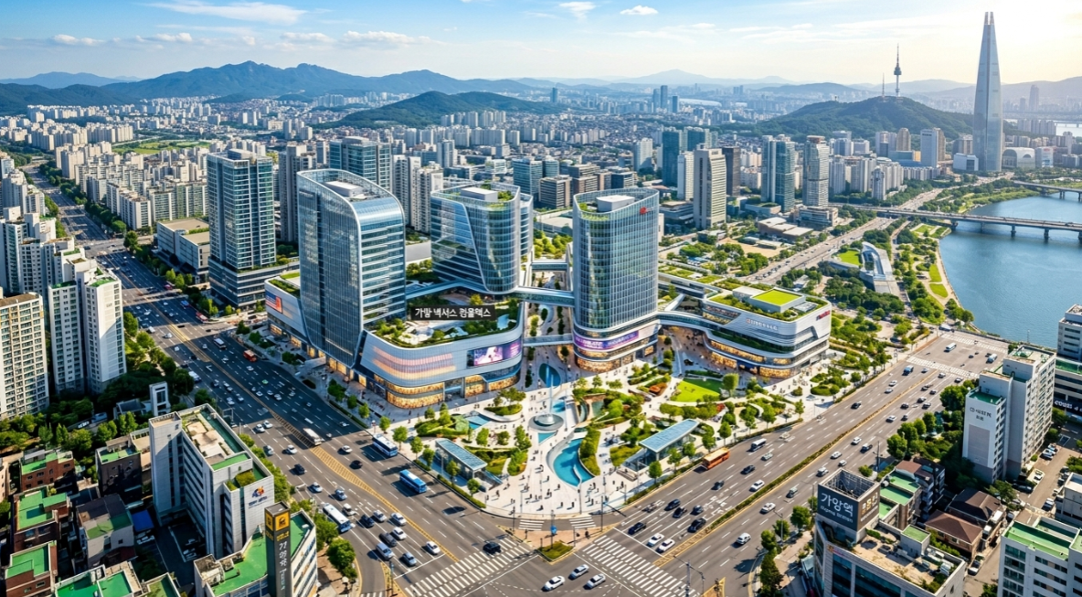미래 가양동 CJ 부지 복합단지와 세련된 가양역 스카이라인의 조화