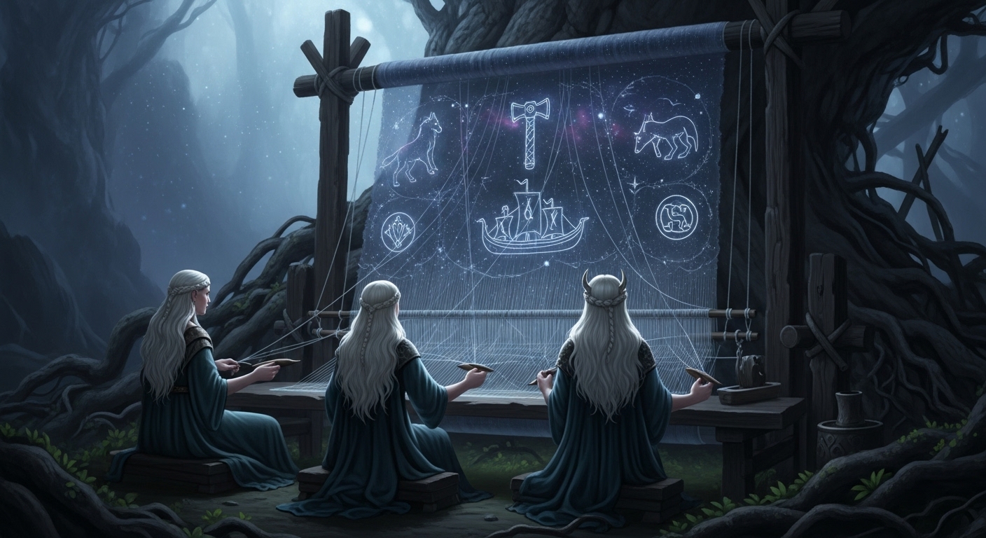 세계수 이그드라실의 뿌리 근처, 운명의 세 여신 '노른'이 거대한 베틀에 앉아 운명의 실을 셔틀로 엮고 있다.