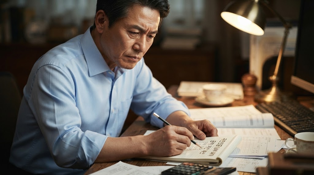 퇴직 후 국민연금 납부 내역 및 예상 수령액 등을 점검해 보고 있는 남성