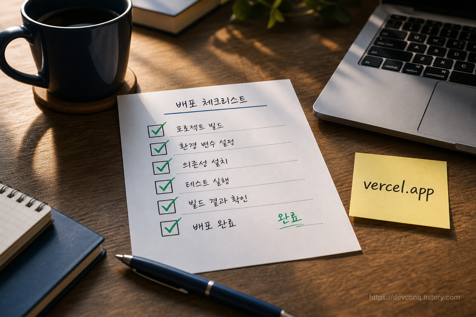 종이 체크리스트에 초록 체크표시가 하나씩 채워지고 마지막 칸에 'vercel.app' 라벨이 붙은, 데스크 위 오버헤드 각도의 성취 마무리 장면