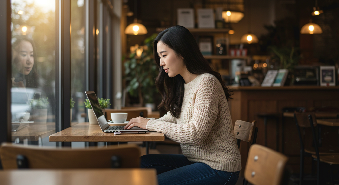 카페에 앉아 노트북하고 있는 여성