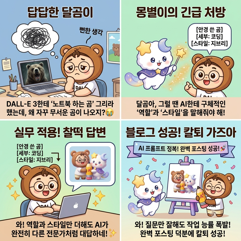 AI 이미지 프롬프트 정복 4컷 만화. 1컷: '답답한 달곰이' (DALL-E 3한테 '노트북 하는 곰' 그리라 했는데 무서운 곰이 나와서 답답해하는 달곰이, 배경에 '뻔한 생각' 말풍선). 2컷: '몽별이의 긴급 처방' (별 마법봉을 든 몽별이가 구체적인 '[안경 쓴 곰]', '[세부: 코딩]', '[스타일: 지브리]' 가이드 텍스트를 보여주며 "AI한테 구체적인 '역할'과 '스타일'을 말해줘야 해!"라고 조언). 3컷: '실무 적용! 찰떡 답변' (DALL-E 3와 미드저니 공식대로 타이핑하여 픽사 스타일의 완벽한 달곰이와 몽별이 3D 이미지를 얻고 "와! 역할과 스타일만 더해도 AI가 완전히 다른 전문가처럼 대답하네!✨"라며 기뻐하는 달곰이). 4컷: '블로그 성공! 칼퇴 가즈아' ('AI 프롬프트 정복! 완벽 포스팅 성공!🚀' 플래카드가 걸린 배경에서 "와! 질문만 잘해도 작업 능률 폭발! 완벽 포스팅 덕분에 칼퇴 성공!"이라며 A+ 트로피와 캔버스 그림을 들고 기뻐하는 달곰이와 몽별이). 파스텔톤 민트 배경, 정사각형 크기.