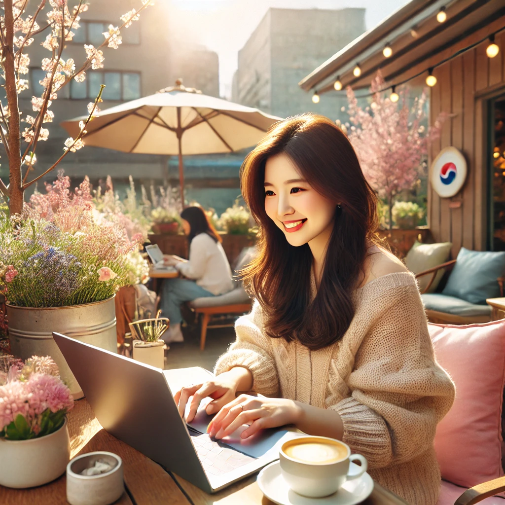 야외 카페 테라스에서 블로그를 쓰는 모습