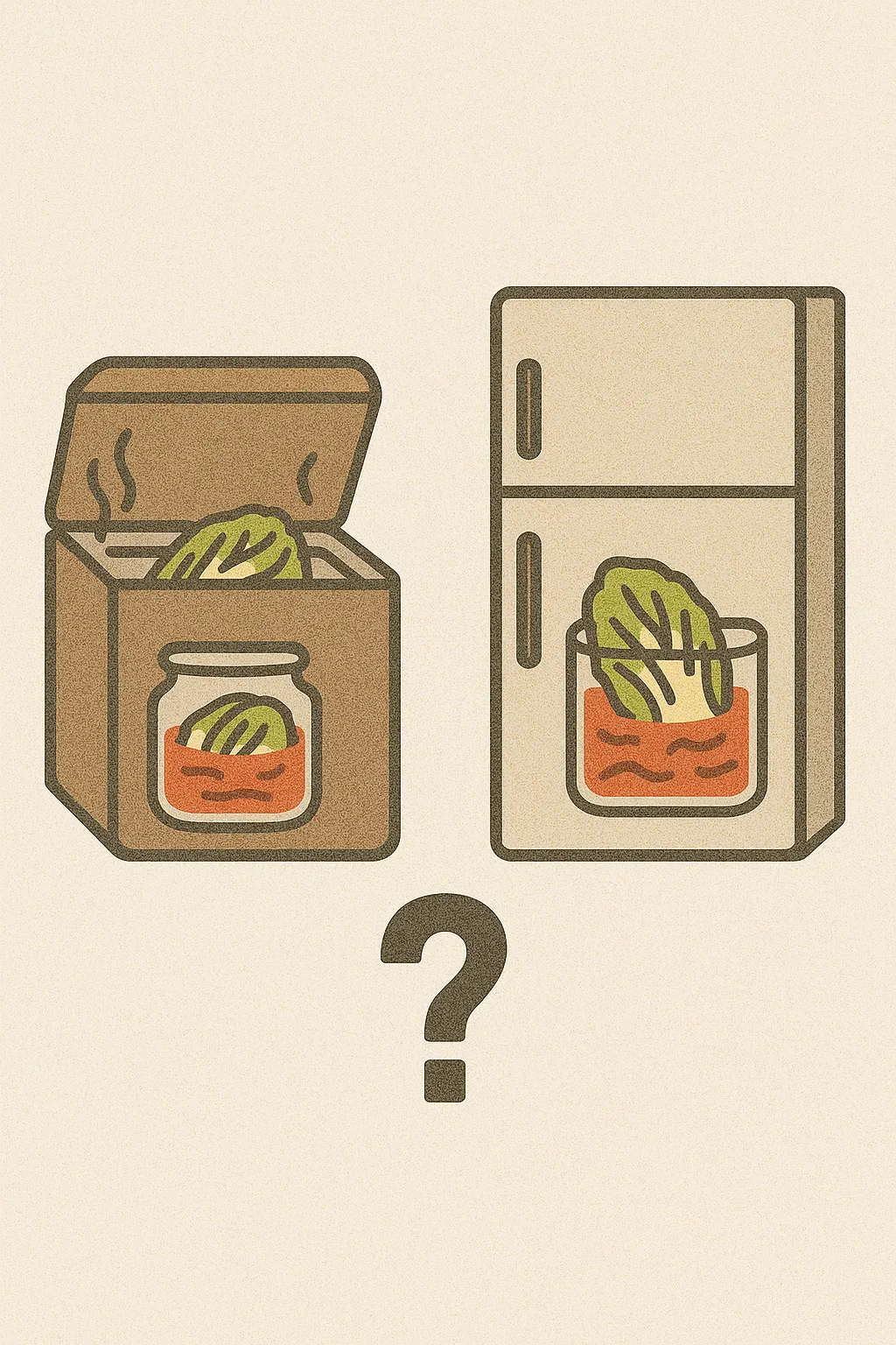김치냉장고와-일반냉장고에서-보관한-김치의-맛-차이를-상징적으로-표현한-일러스트-이미지로-두-냉장고와-김치를-대조적으로-묘사