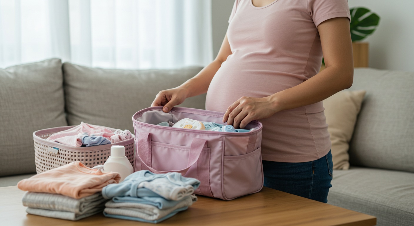 출산가방을 준비하는 만삭 임산부
