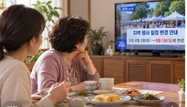 아침 식사 중 TV에서 지역 행사 변경 일정을 확인하는 고령의 엄마