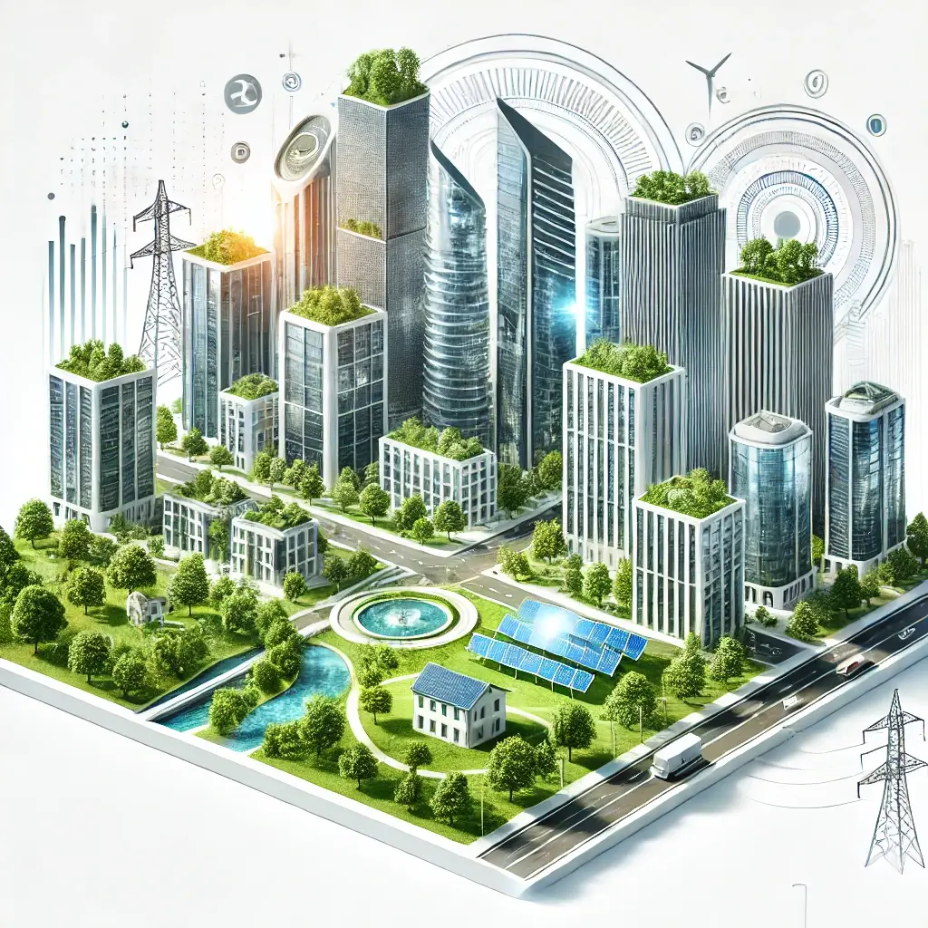 지속 가능한 에너지와 부동산 혁신을 담은 현대 도시 풍경