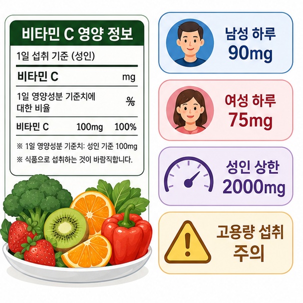성인의 비타민 C 권장량과 상한섭취량을 비교하고 고용량 섭취에 주의해야 함을 보여주는 그림