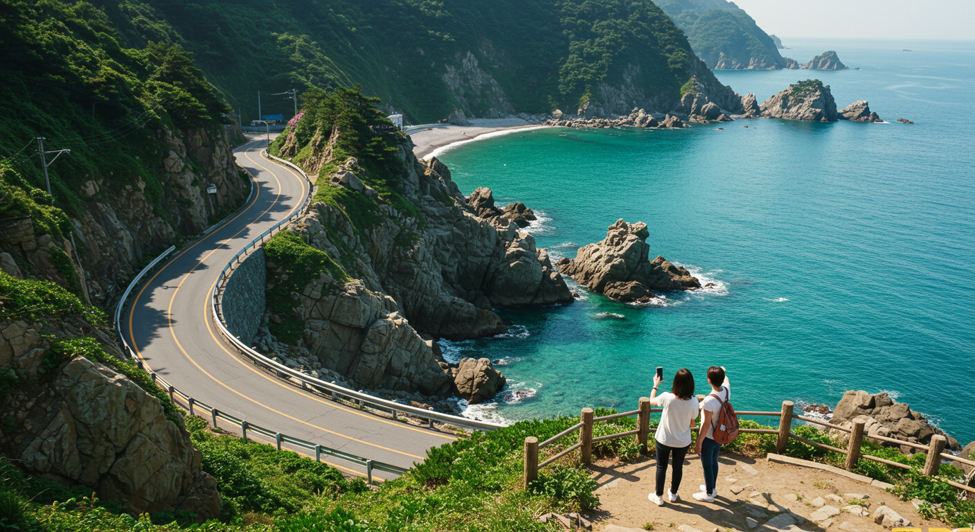 동해시 해안 도로에서 한국인 연인이 바다 풍경을 감상하는 모습