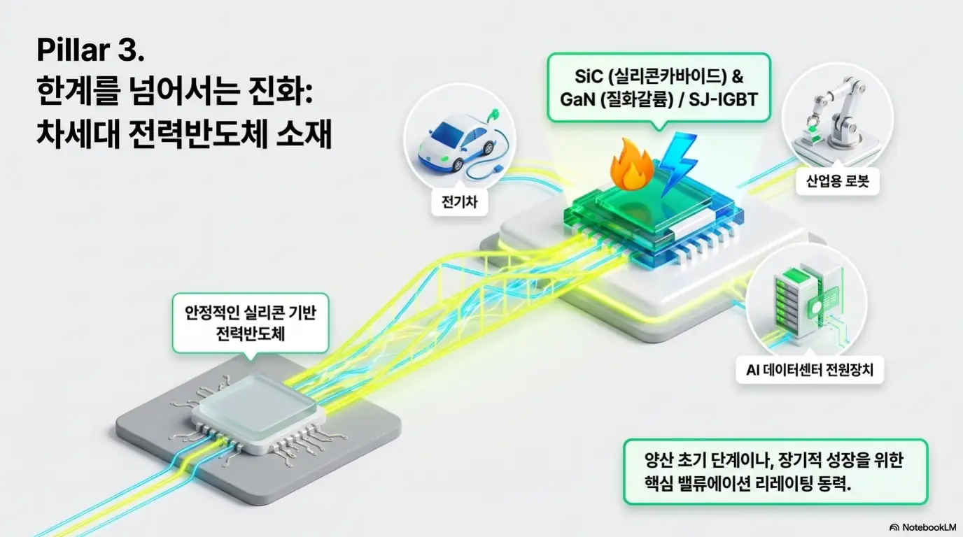 DB하이텍 주가 전망: &amp;#39;차세대 전력반도체 소재&amp;#39;라는 문구와 SiC&amp;#44; GaN&amp;#44; SJ-IGBT가 전기차&middot;산업용 로봇&middot;AI 데이터센터 전원장치로 연결되는 그래픽이 담긴 이미지. 이 이미지는 DB하이텍이 실리콘을 넘어 차세대 전력반도체 소재로 사업 영역을 넓히는 흐름을 시각적으로 전달하며&amp;#44; 블로그의 DB하이텍 주가 전망과 관련된 내용을 설명함 
