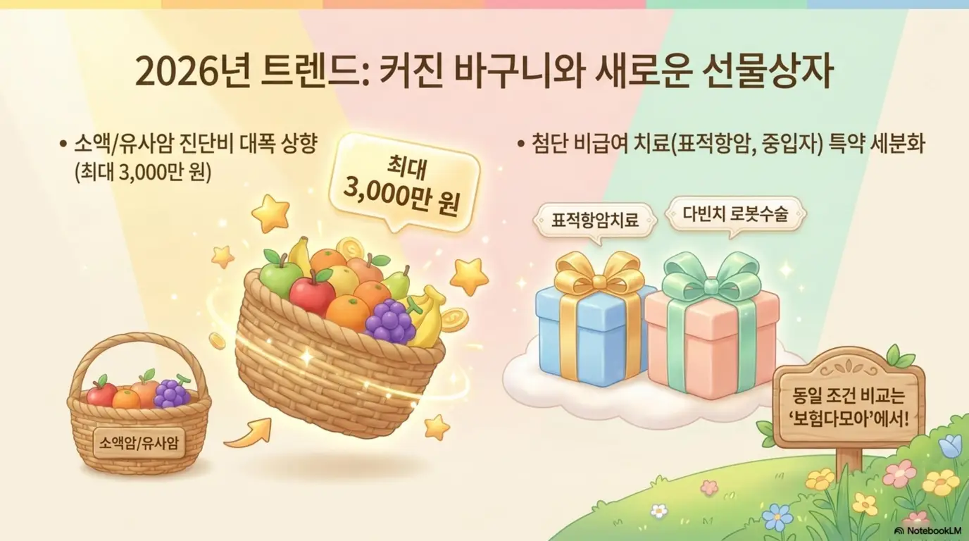 암보험 가입시 주의사항: 소액암과 유사암 바구니가 커지고 표적항암치료와 다빈치 로봇수술 특약이 선물상자로 표현된 2026년 암보험 트렌드 일러스트. 소액암 진단비 최대 3&amp;#44;000만 원 상향과 비급여 치료 특약 세분화 추세를 시각적으로 전달하며 보험다모아에서 동일 조건 비교를 안내함 